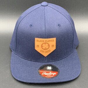 Rawlings Black Clover Hat Flat Bill Leather Patch Navy Blue Acrylic Wool S/M New